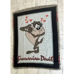 VTG 1993 Warner Brothers Tasmanian Devil In Love Throw Blanket Tassels